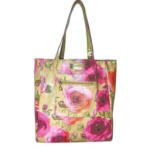 Gigi Hill Los Angeles - Tan & Pink Floral, Stripe Reversible Vinyl Tote Bag NWOT